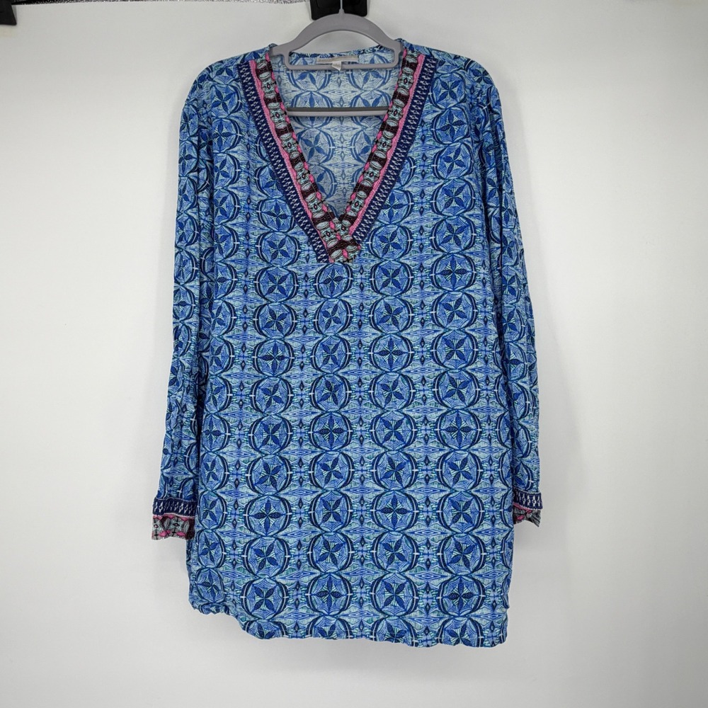 La Blanca Womens L Blue Print Tunic Swim Cover Up Beach Resort Top V Neck